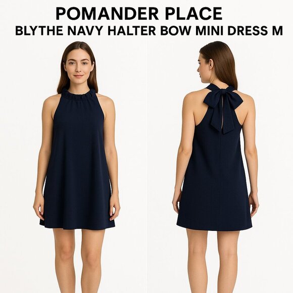 Pomander Place Blythe Navy Halter Bow Mini Dress M - Picture 1 of 8